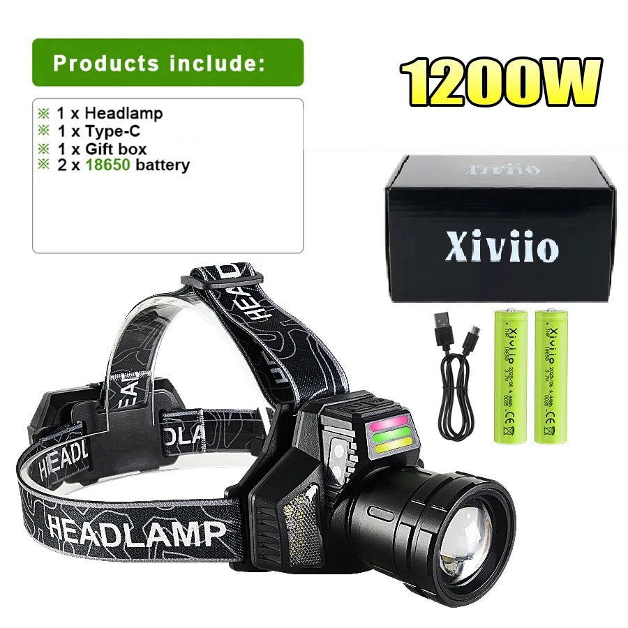 lampe frontale led rechargeable puissante 45w batterie 18650 camping pêche randonnée haute luminosité adjustable