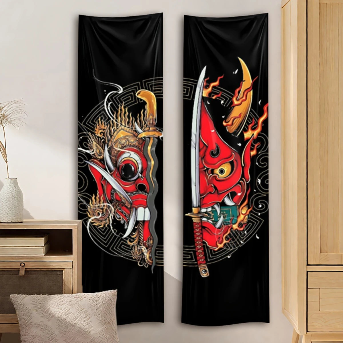 tapis mural décoratif art japonais motif masque oni katana géométrique noir rouge chambre salon