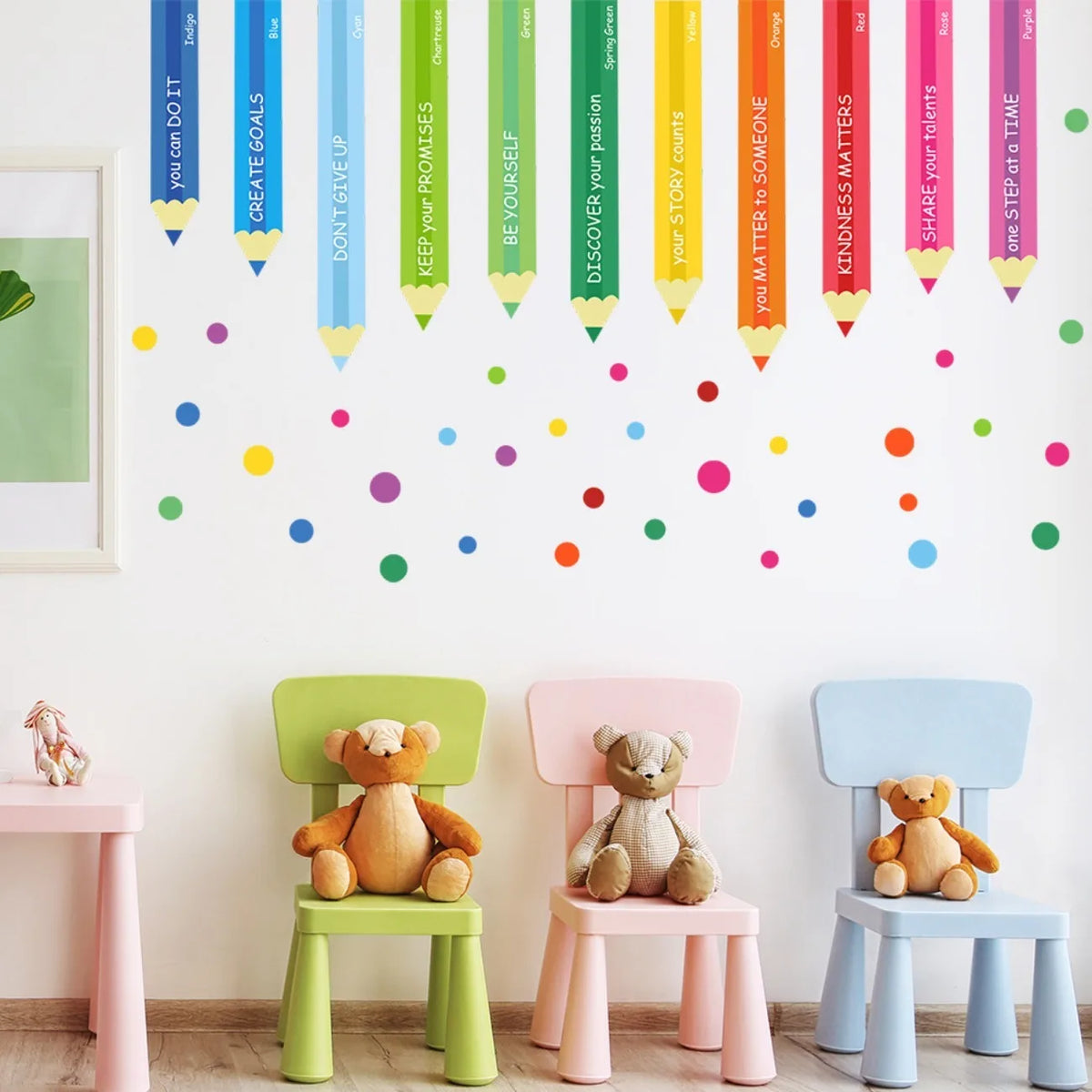 sticker mural crayons colorés messages positifs moderne enfants chambre bleu vert jaune orange rose