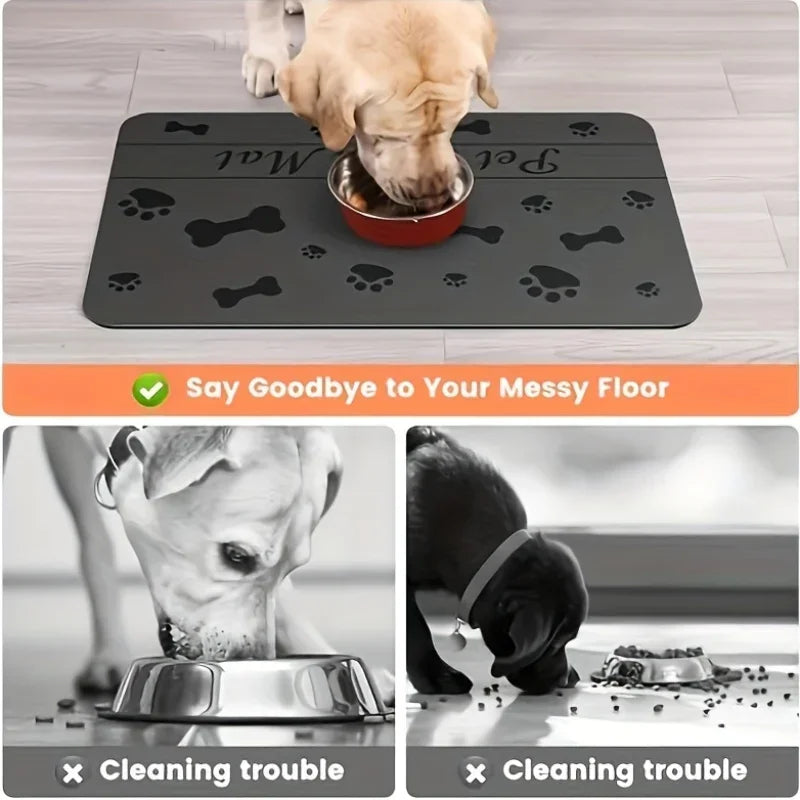 tapis moderne gris empreintes pattes chien os intégré gamelles antidérapant fixations adhésives chien repas