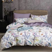 Parure de lit coton égyptien 600TC imprimé oiseaux fleurs - 4 pièces pour chambre d'hôte