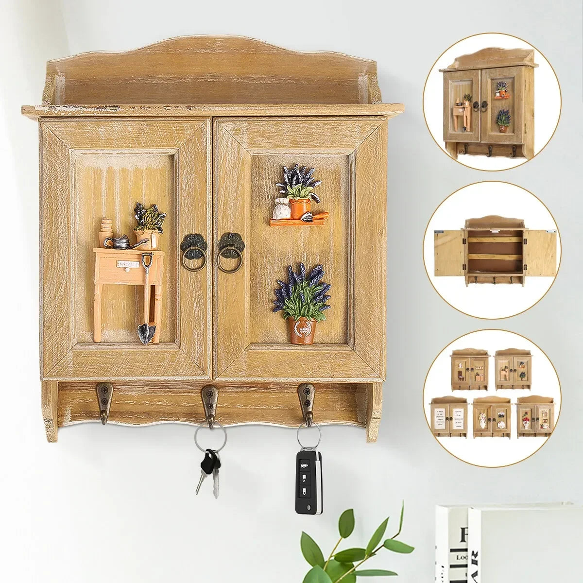 armoire murale vintage bois clair portes crochets porte clefs deco fleurs ours peluche