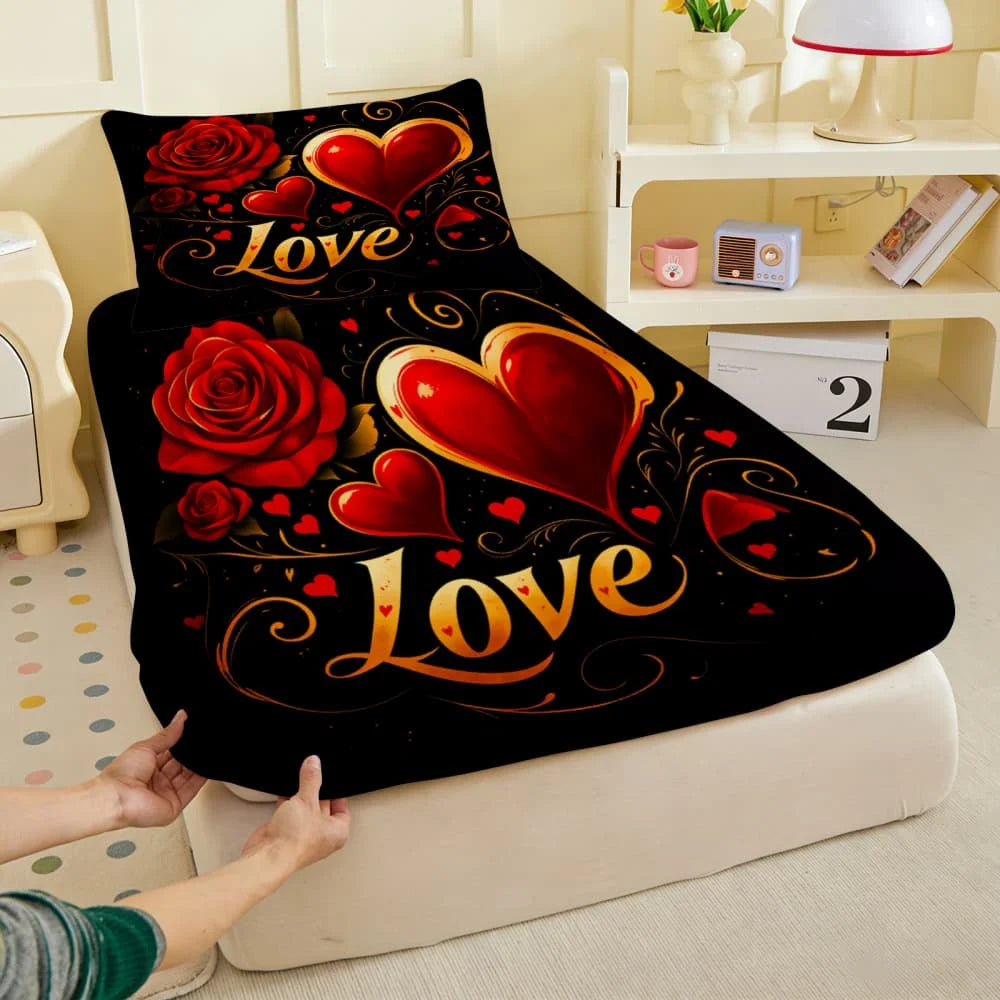housse couette romantique imprimée roses rouges coeurs love élégante coton polyester noir rouge doré