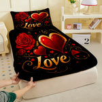 housse couette romantique imprimée roses rouges coeurs love élégante coton polyester noir rouge doré