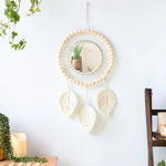 miroir décoratif boho blanc beige macramé franges artisanal