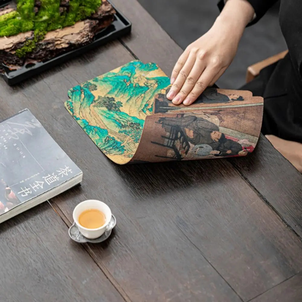 serviettes table vintage paysages anciens motifs floraux vert bleu beige marron noir opaques maison