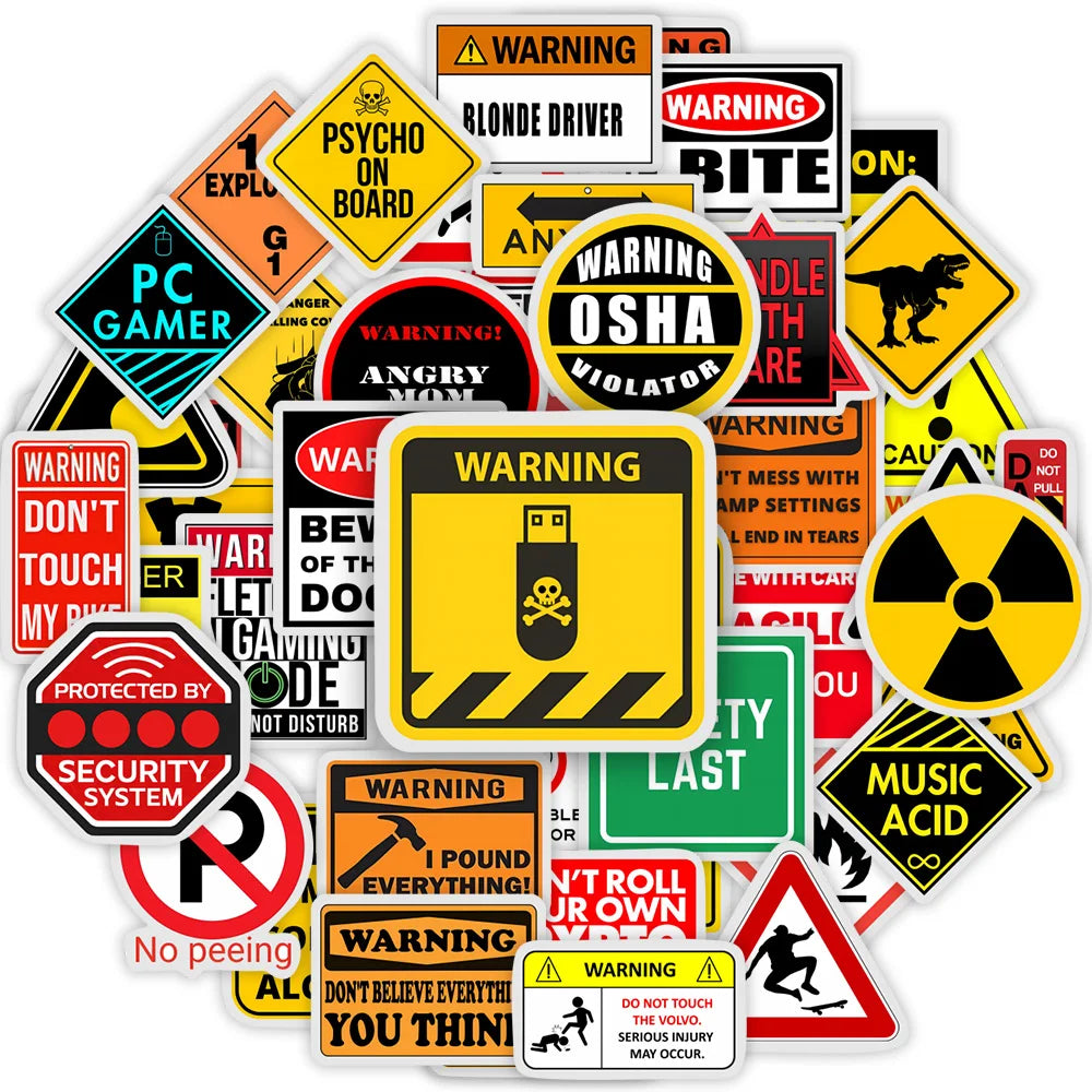 autocollants humoristiques variés adhésifs sécurité danger messages graphiques couleurs multiples étanches portables