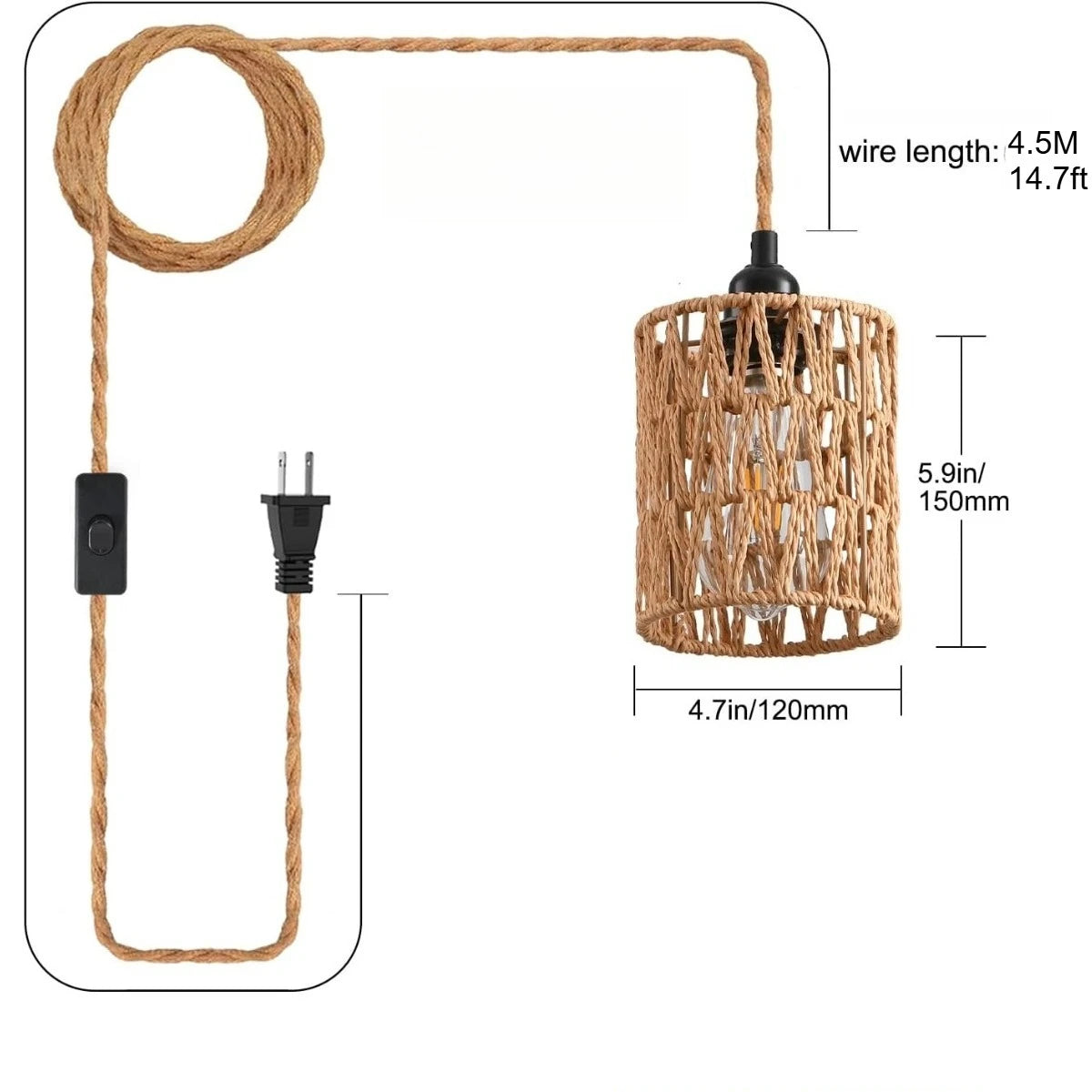 lampe suspendue tressée rustique interrupteur câble 45mètres éclairage 510m² boho chic chambre cuisine