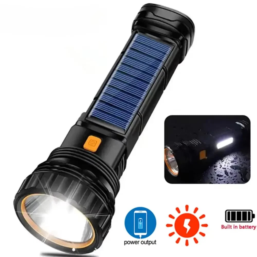 lampe torche solaire rechargeable led noire bleue orange ipx6 waterproof multifonctionnelle banque