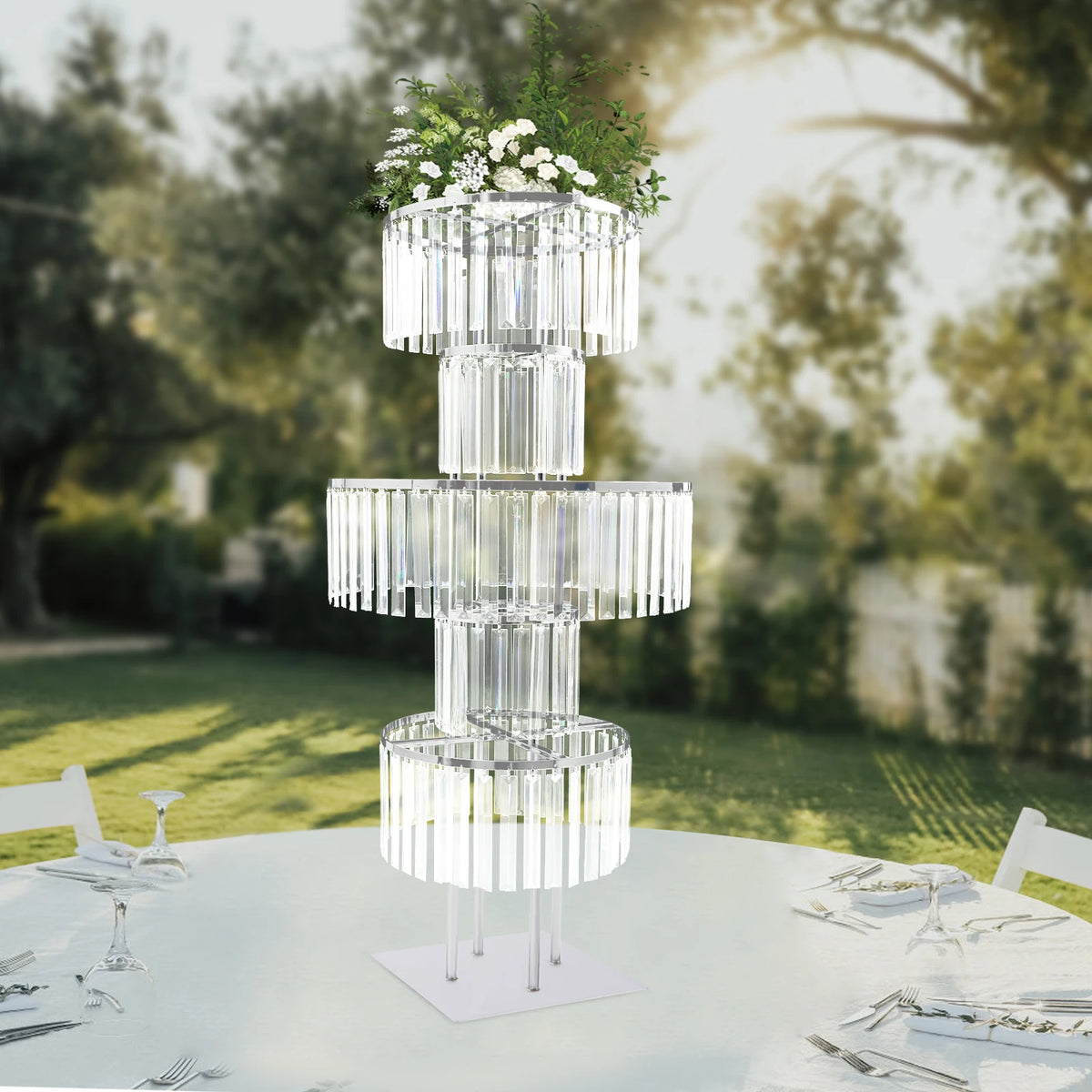 support fleurs moderne or rondelles transparentes décoration table mariage anniversaire pieds