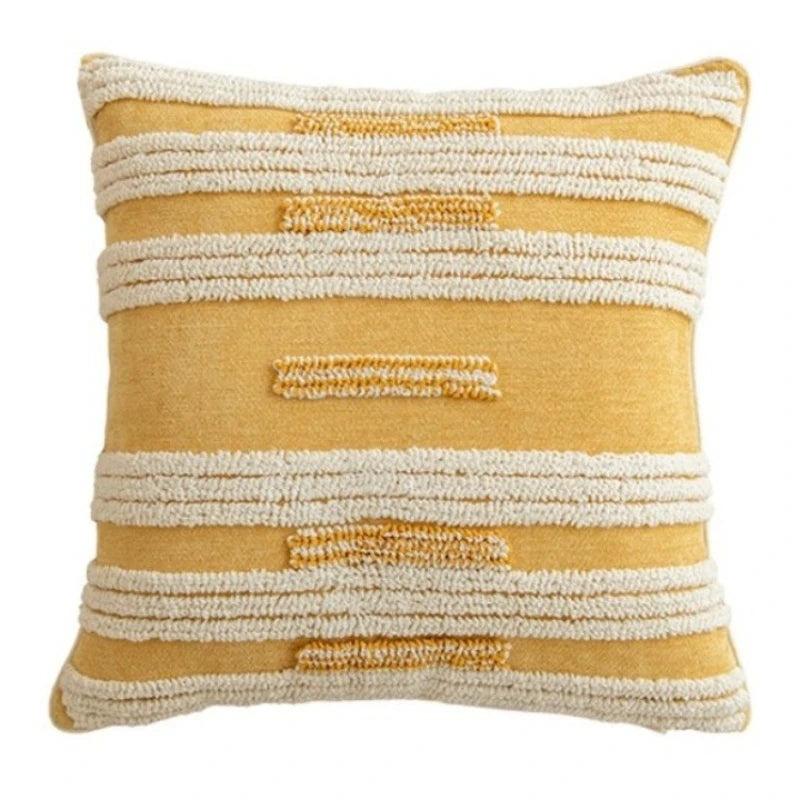 coussin décoratif nordique brodé motif géométrique beige moutarde orange brun boho chic