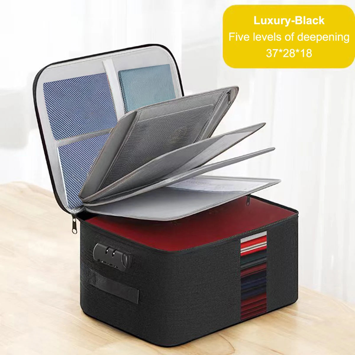 valise rangement noir tissu texturé moderne poignée amovible fermeture glissière serrure combinée portable officeécole
