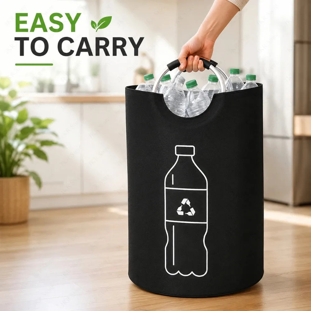 panier rangement bouteilles recyclage 82L tissu oxford poignées métal noir bouteilles plastique transparentes capacité
