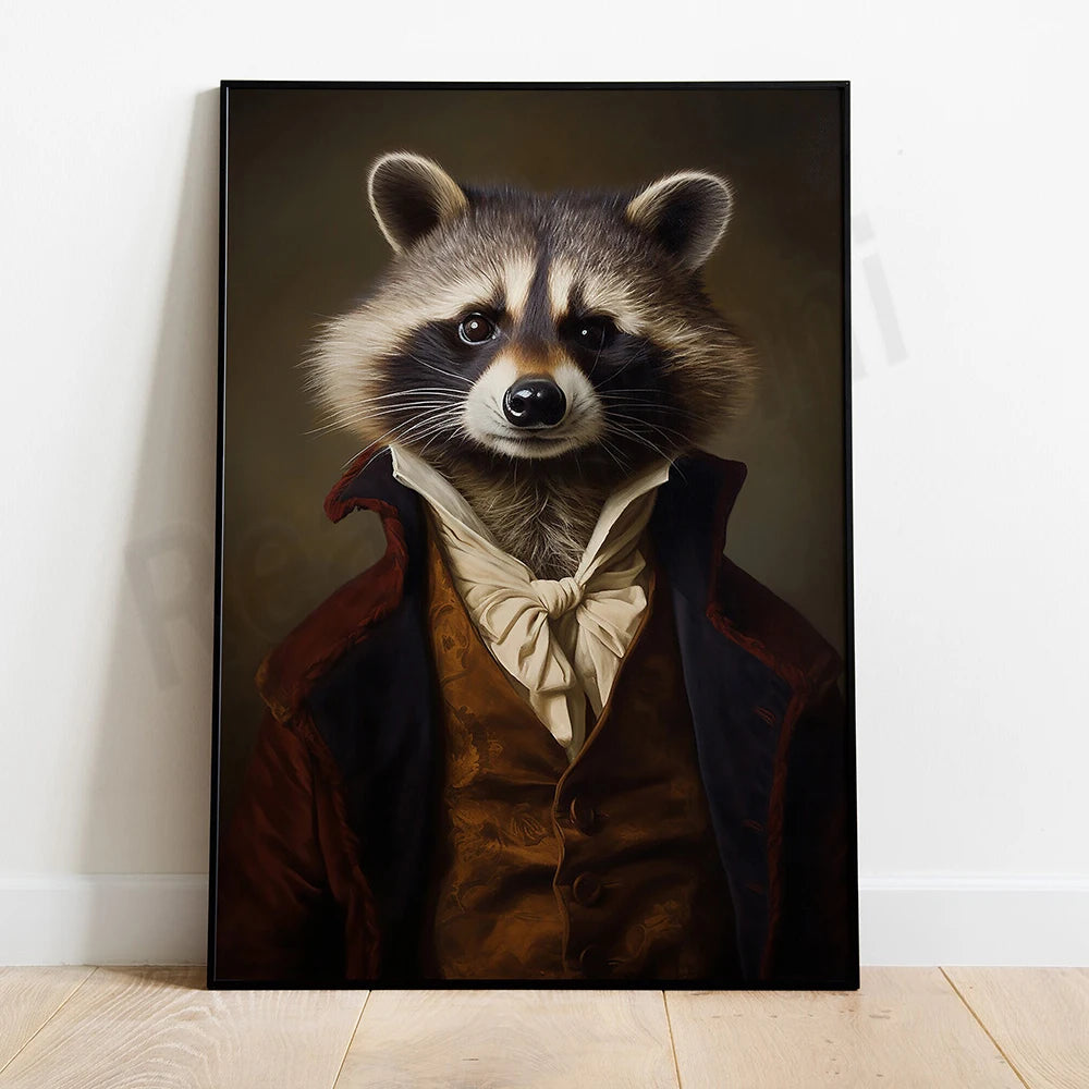 Une image d'un raton laveur portant un costume élégant, assis dans un style formel et regardant de façon pénétrante.