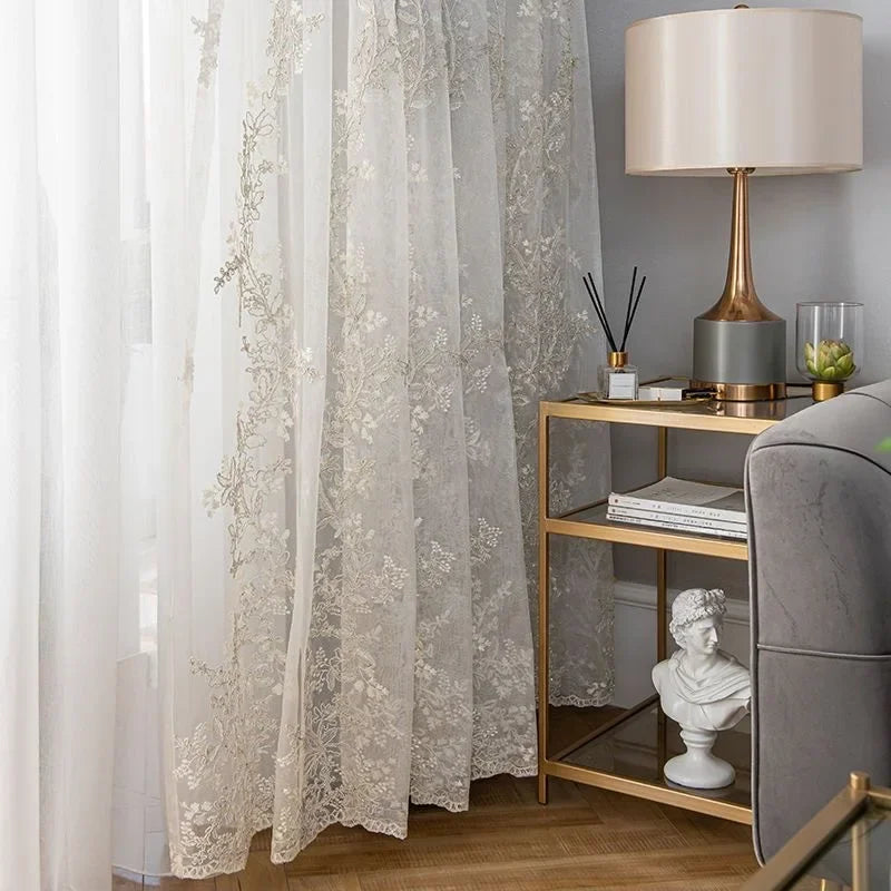 rideau brodé floral blanc moderne tulle polyester transparent élégant français 100x200 cm