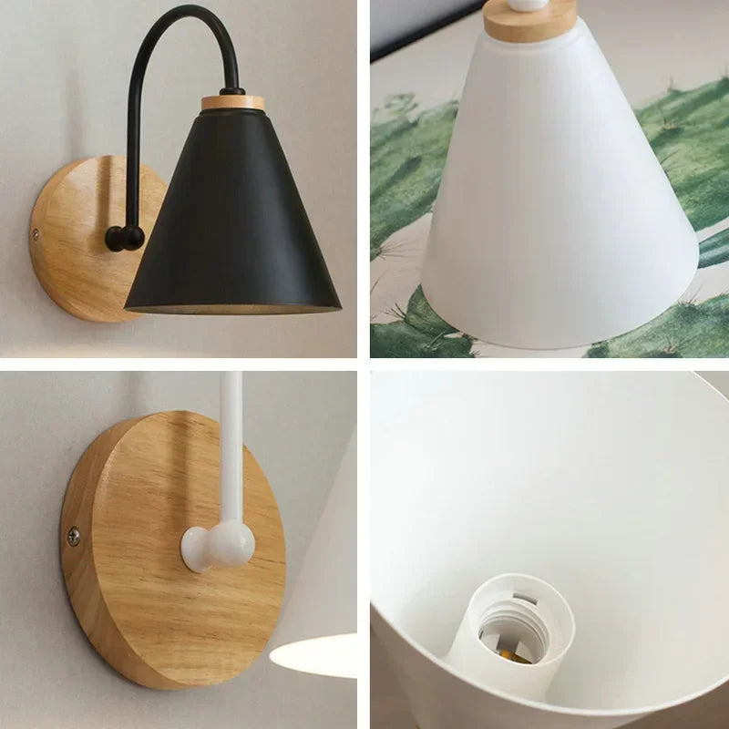 lampe murale moderne minimaliste noir blanc bois naturel conique mat éclairage quotidien chambre cuisine