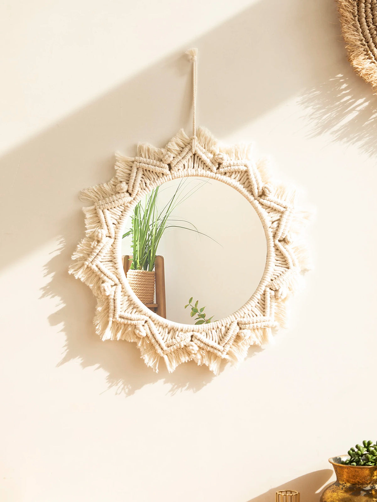 miroir boho blanc macramé franges artisanal crochet peigne protection chambre salon