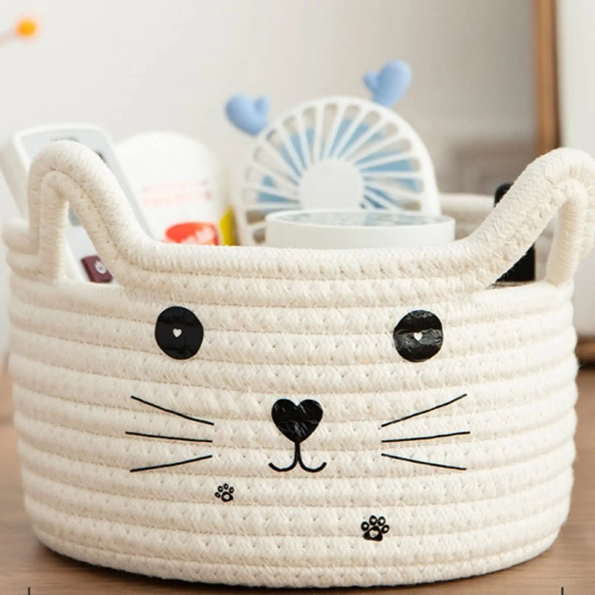 panier rangement visage chat imprimé poignées oreilles blanc jaune rose bleu marronclair