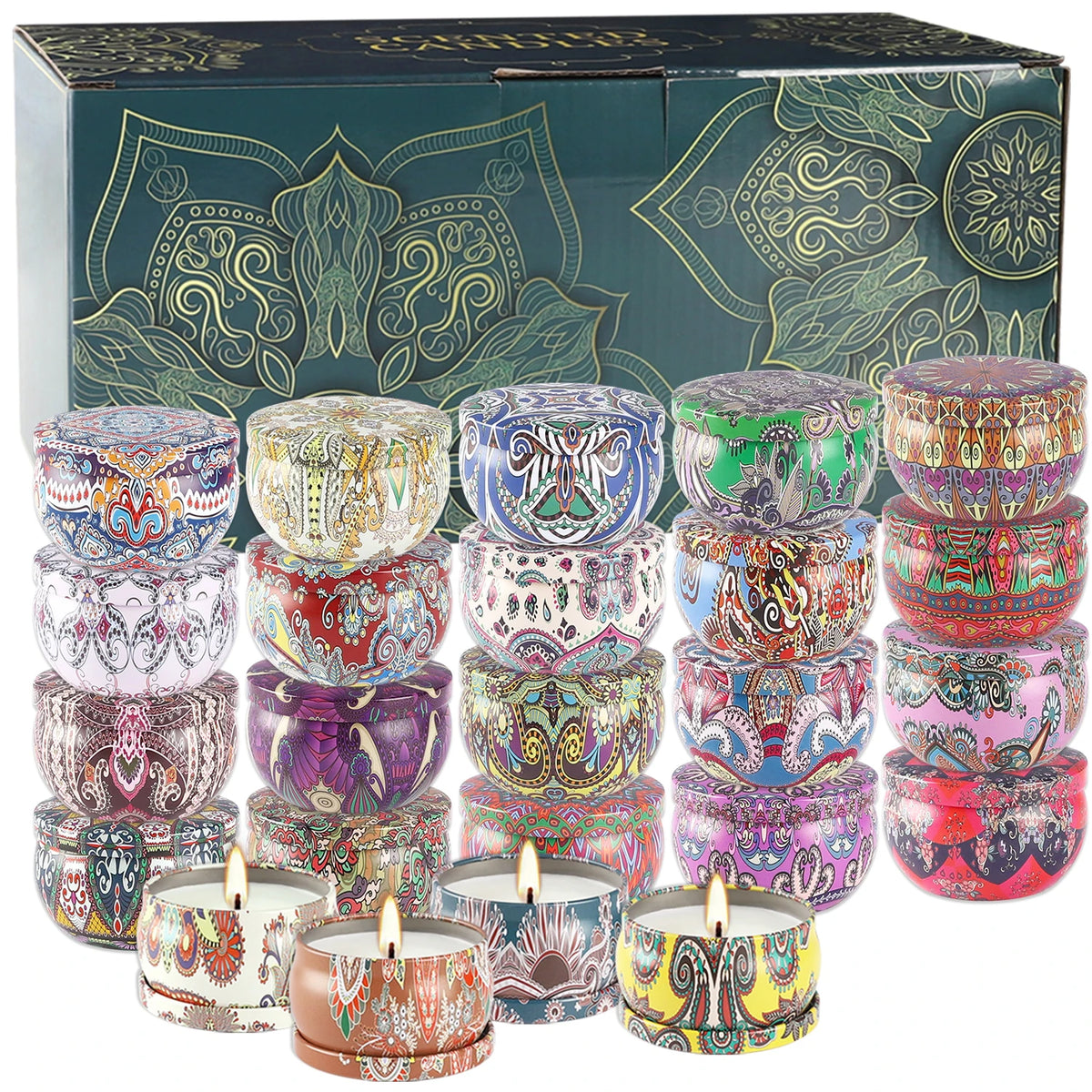 bougies parfumées formes florales multicolores motifs géométriques boho chic opaques tringle inclusion boîte rangement