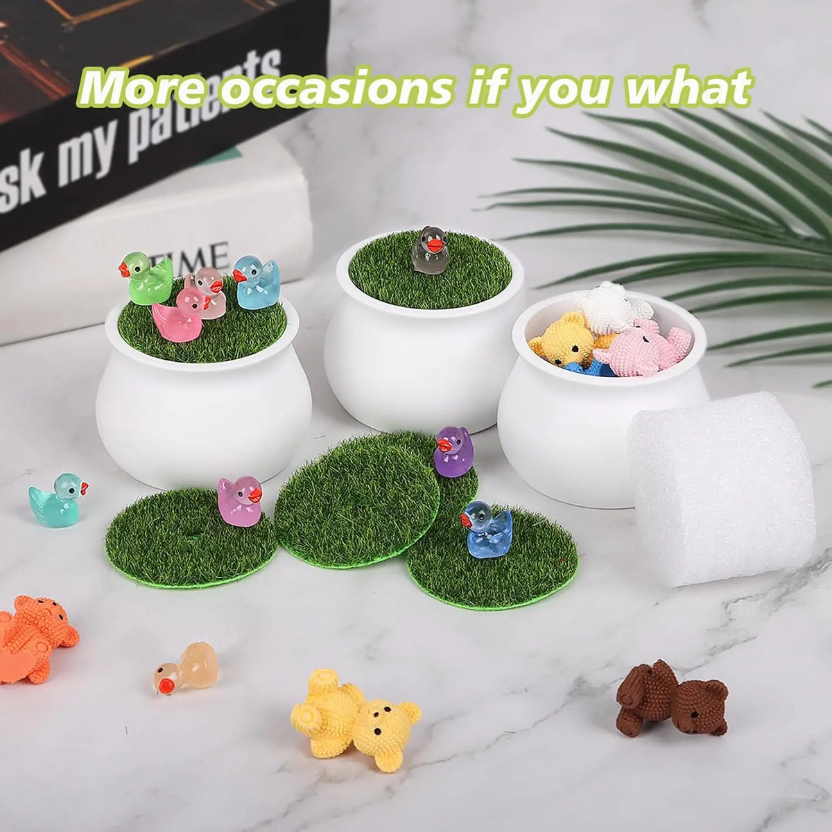 pots blancs mousse fleurs crochet animaux décoration miniature positiv vibes diy tricotées artisans