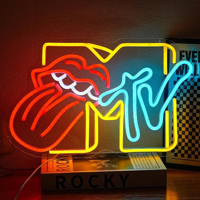 Enseigne néon LED bleu sur mur TV