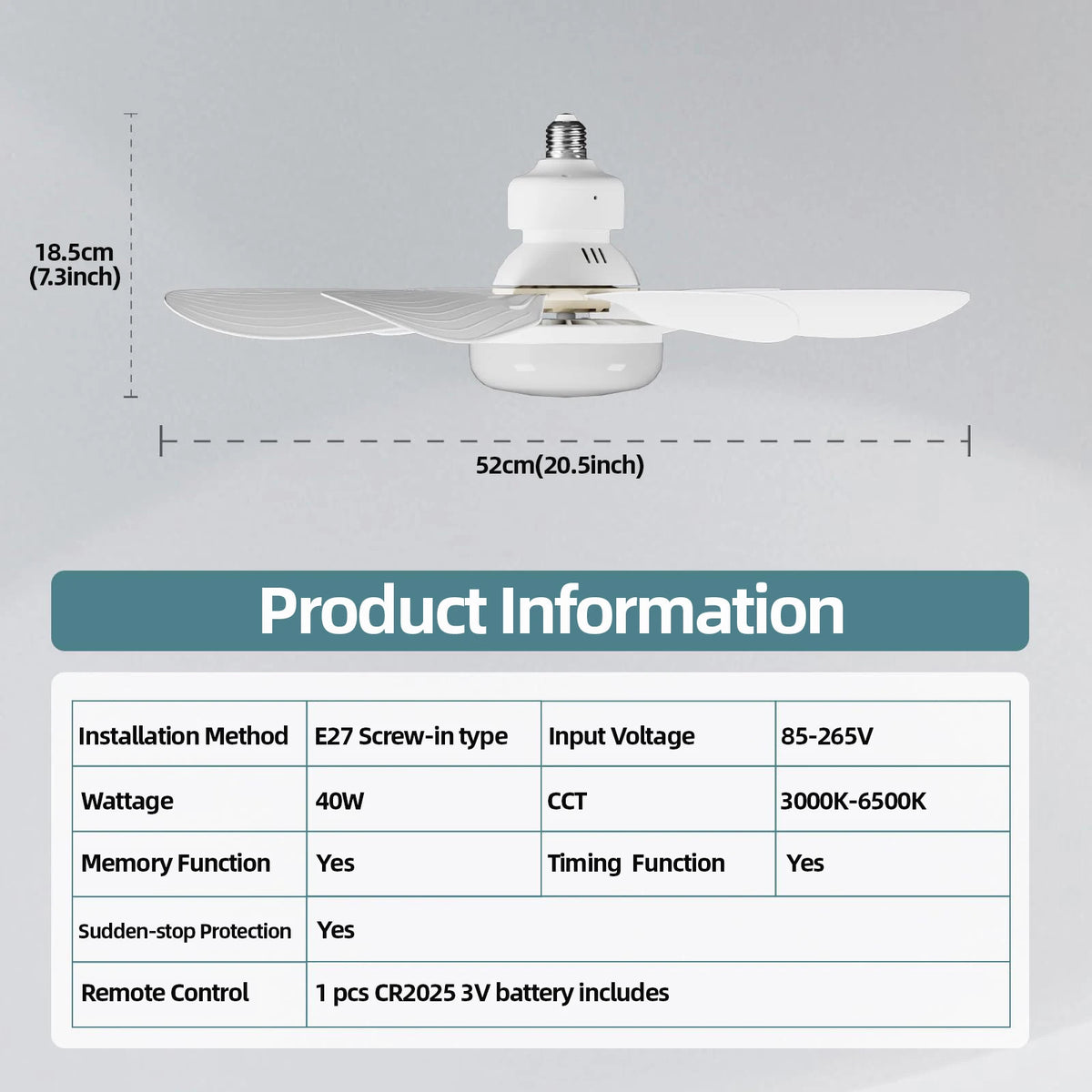 ventilateur led moderne télécommande 40w blanc 52cm fixations vis e27