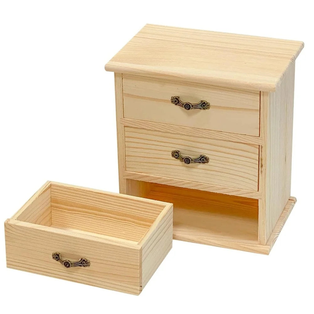 boîte bijoux bois clair trois tiroirs classique rayures horizontales poignées métalliques rangement organisation