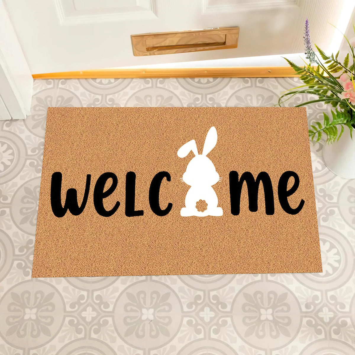 tapis d'entrée antidérapant welcome lapin marron clair moderne simple extérieur salle bain porte