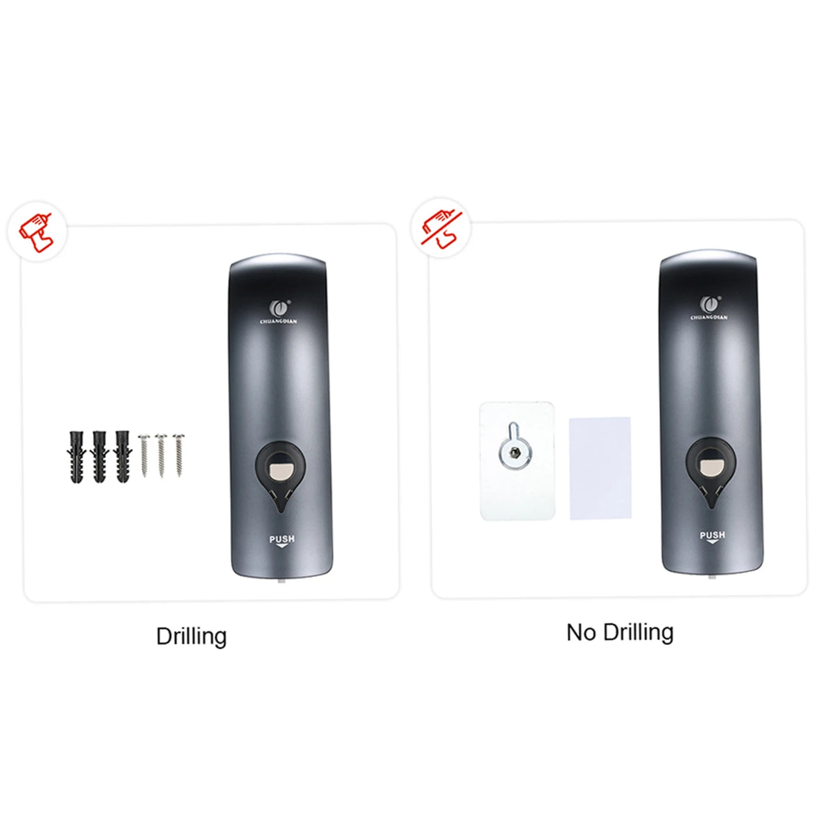 distributeur savon liquide mains mural gris métallisé moderne minimaliste lisse brillant fixations vis