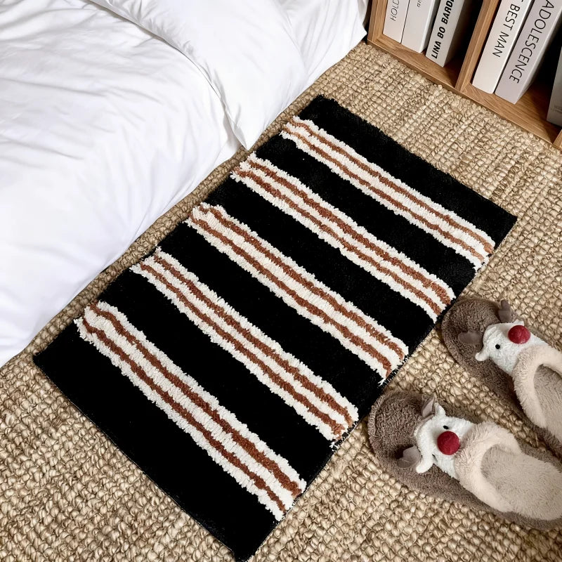 tapis moderne bleu clair marron blanc rayures antidérapant polyester feutre chambre bain salon