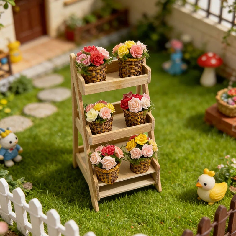 miniature banc bois paniers osier fleurs roses jaunes vintage set decoextérieur