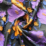 tissu semi transparent floral relief noir violet orange décoration couture jacquard polyester respectueux environnement