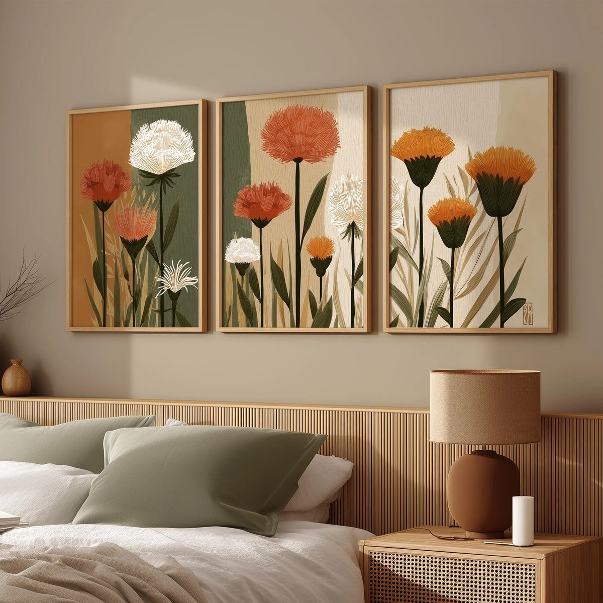 tableau moderne minimaliste fleurs stylisées feuilles verte beige blanc orange rouge vert clair