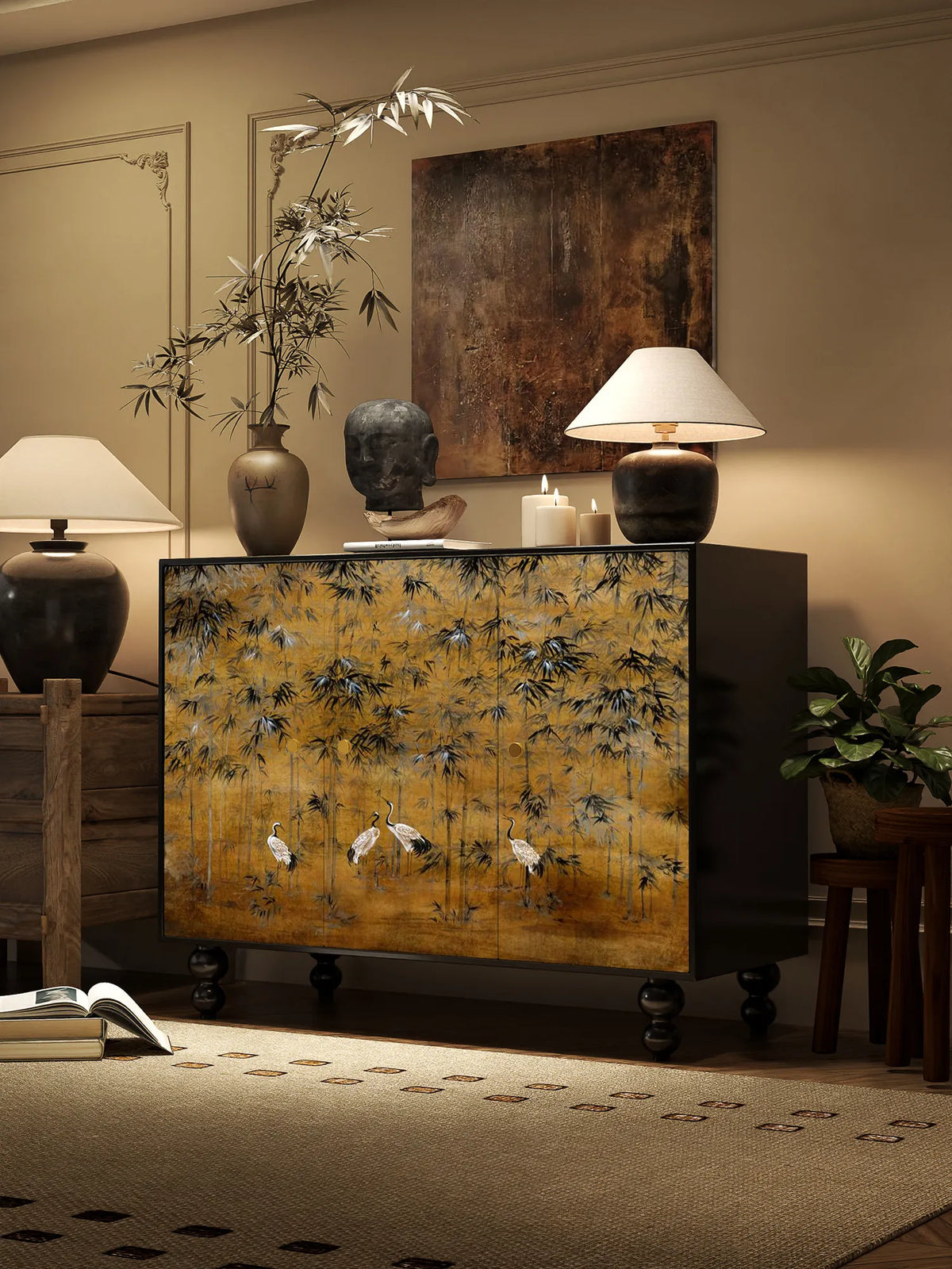 meuble salon quatre portes artisanal bois rouge jaune noir bleu