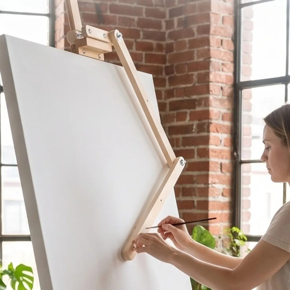 support easel bois naturel ajustable hauteur pinceaux palette atelier moderne vis fixations