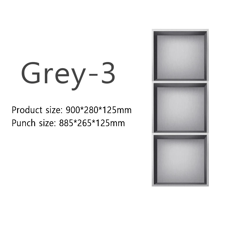 niche rangement acier inoxydable noir moderne quatre niveaux mur lampe intégrée chambre salle bain