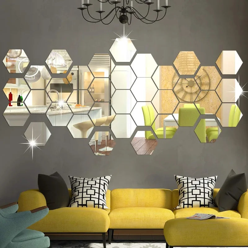 miroirs hexagonaux dorés modernes adhésifs 36 pièces brillants réfléchissants opaque chambre salon