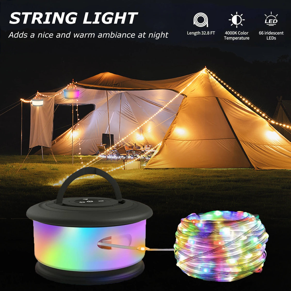 guirlande lumineuse led multicolore lampe portable camping modes éclairage rechargeableextérieur