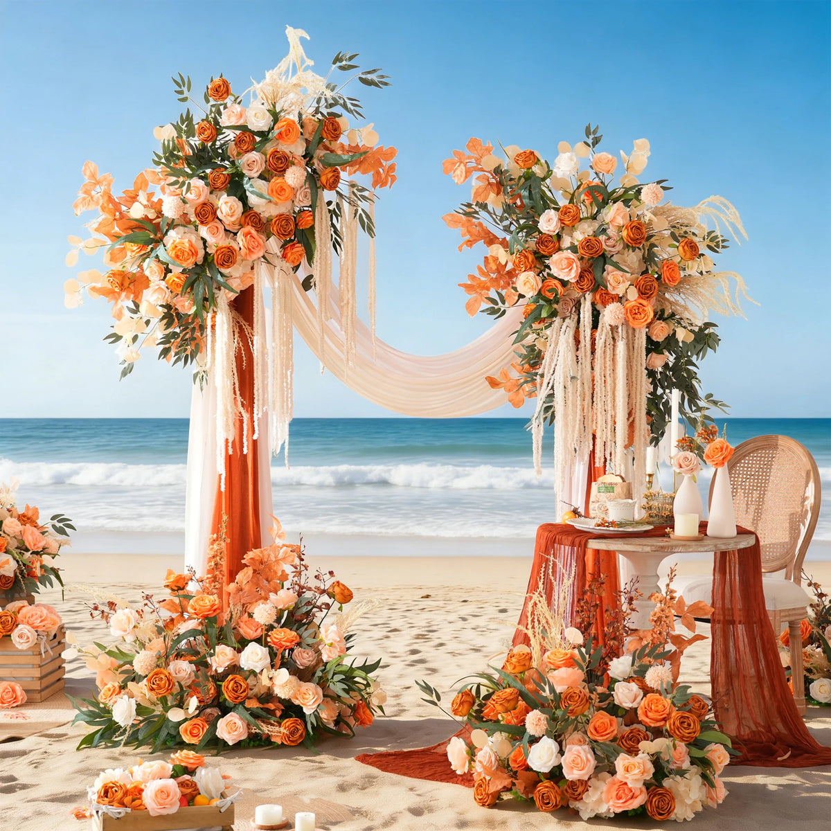arche décorative boho chic fleurs artificielles orange feuilles vertes franges blanches extérieur mariage anniversaireévénement