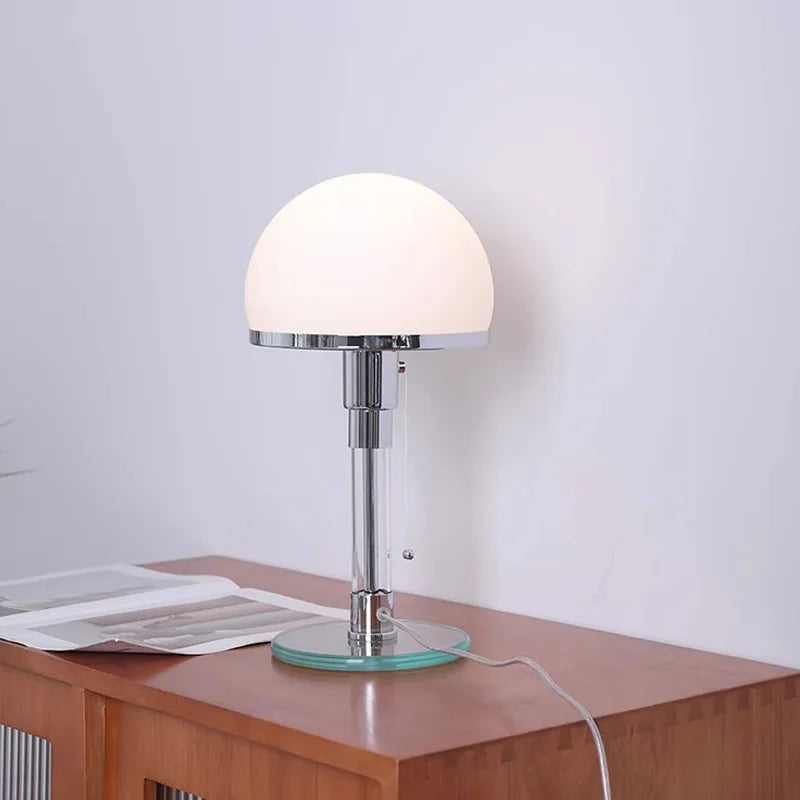 lampe table moderne boule verre blanc chrome interrupteur bouton led e27