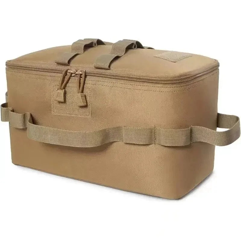 sac rangement cuisinière gaz tissu imperméable militaire beige compartiments poignées fixationsextérieur camping