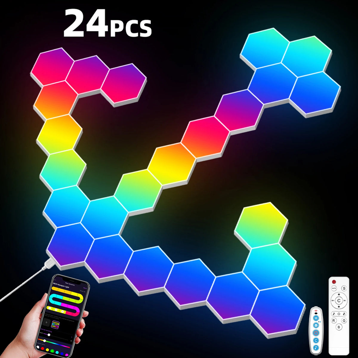 lampe murale hexagonale multicolore modulaire télécommande application moderne portable adjustable folding