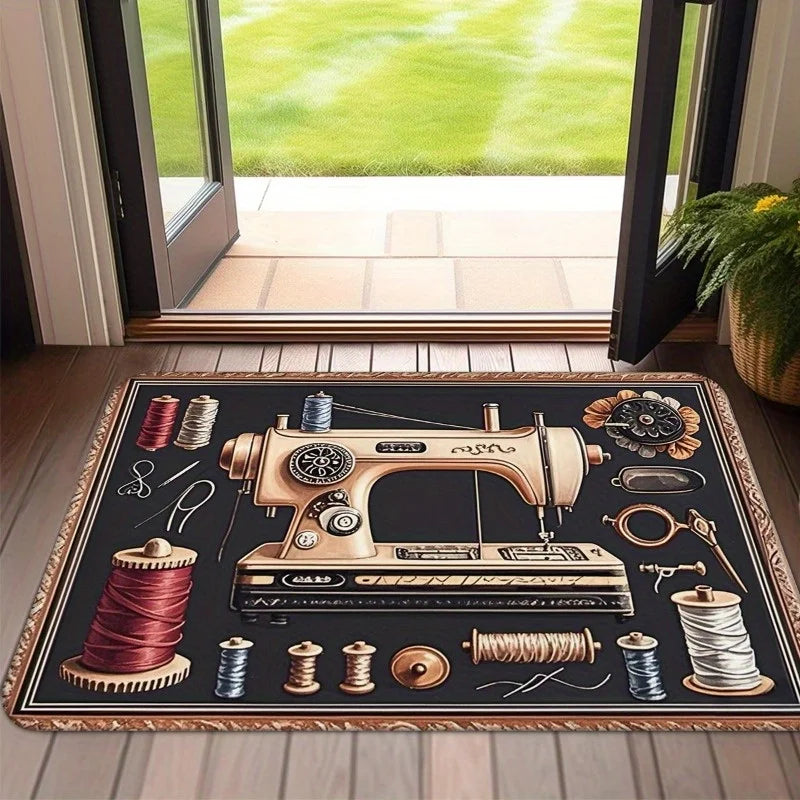 tapis vintage machine coudre noir doré rouge blanc antidérapant polyester doux motifs floraux artisanal