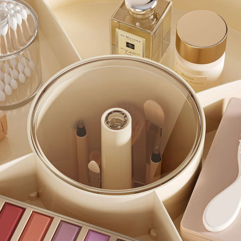 organisateur cosmétiques rotatif multi niveaux pinceaux accessoires moderne crème doré transparent opaque beauté produits