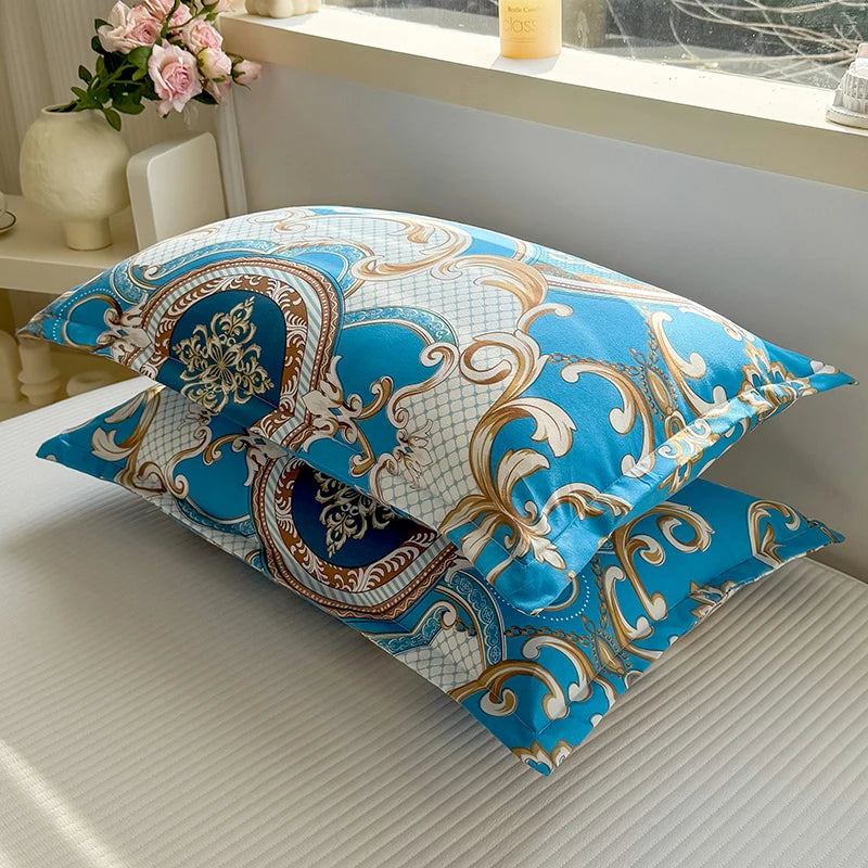 ensemble deux taies d'oreiller bleu fleurs blanches romantique lit double coton polyester