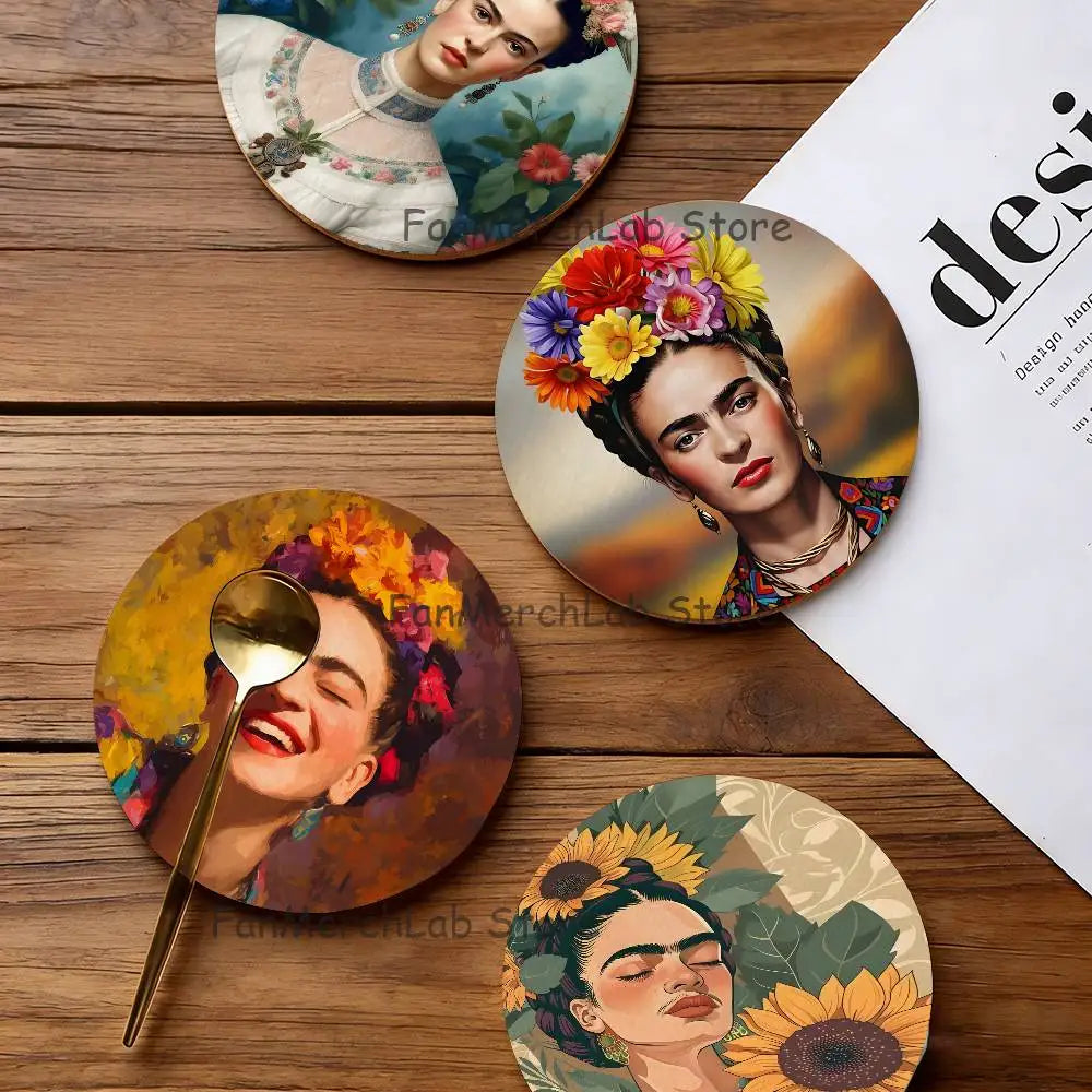 coasters bois illustrés frida kahlo multicolores fleurs artistiques écofriendly table cuisine