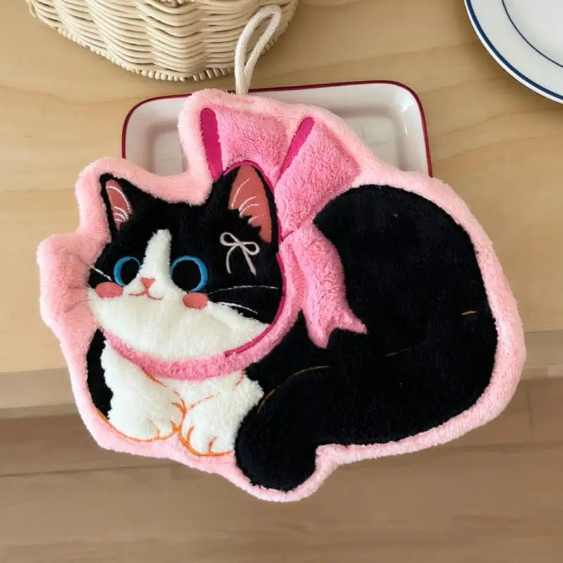 serviette toilette noire blanche bleue chat mignon coiffures différentes anneaux métal absorbante salle bain