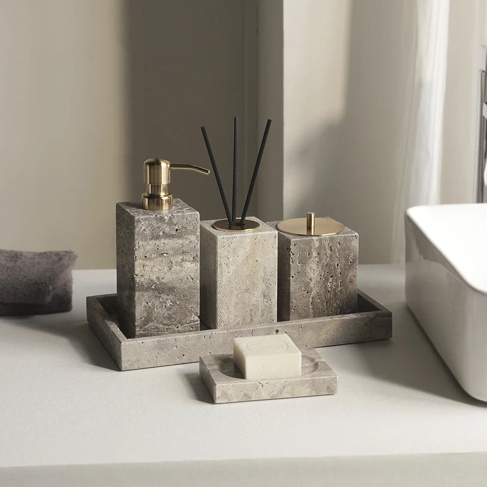 ensemble décoration salle bain marbre gris moderne pot parfum distributeur savon plateau carré gobelet