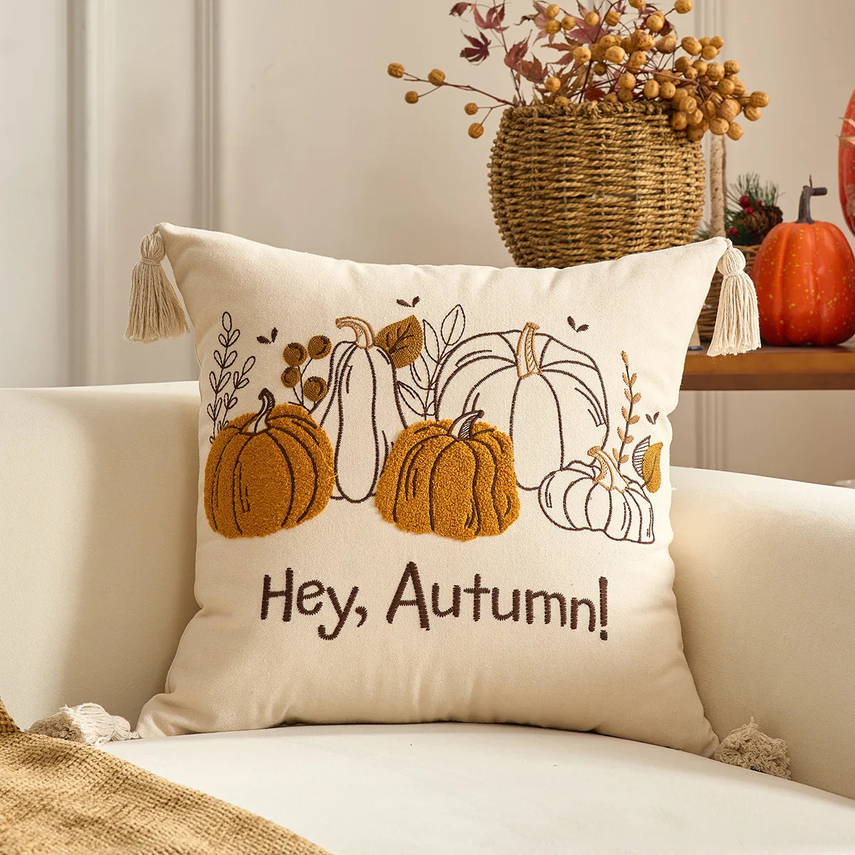 housse coussin brodée citrouille motif automne rustique tassel adhésif décoration maison nordique polyester coton