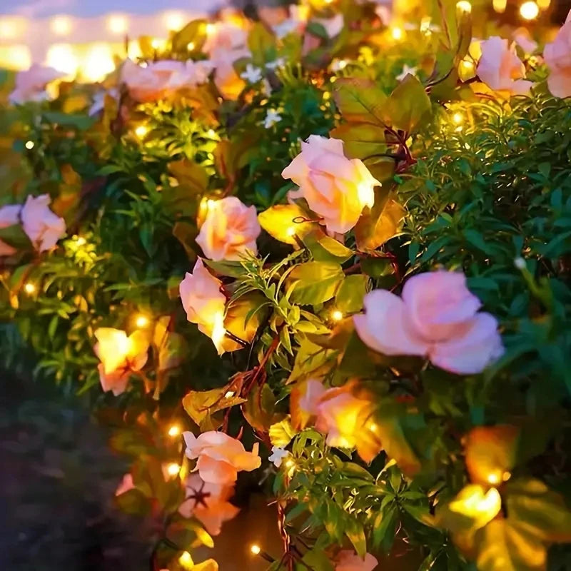guirlande lumineuse fleurs artificielles rose blanc vert moderne clips solaireextérieurintérieur